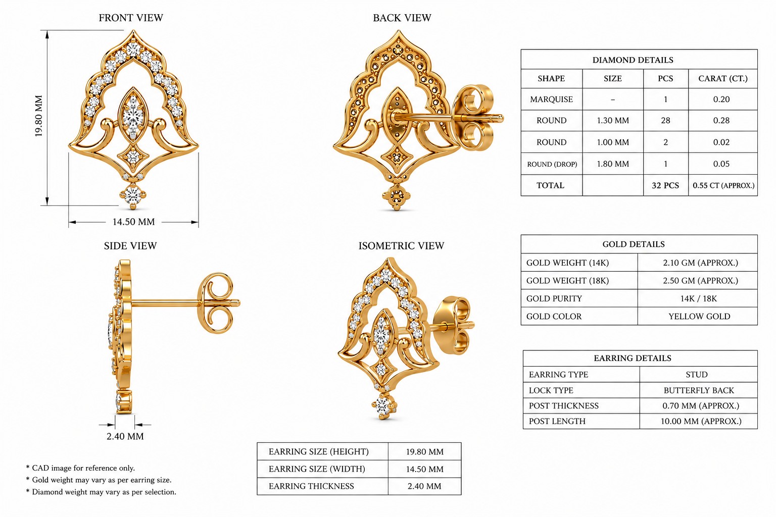 CAD detail sheet of an earring design with gold and diamond specifications