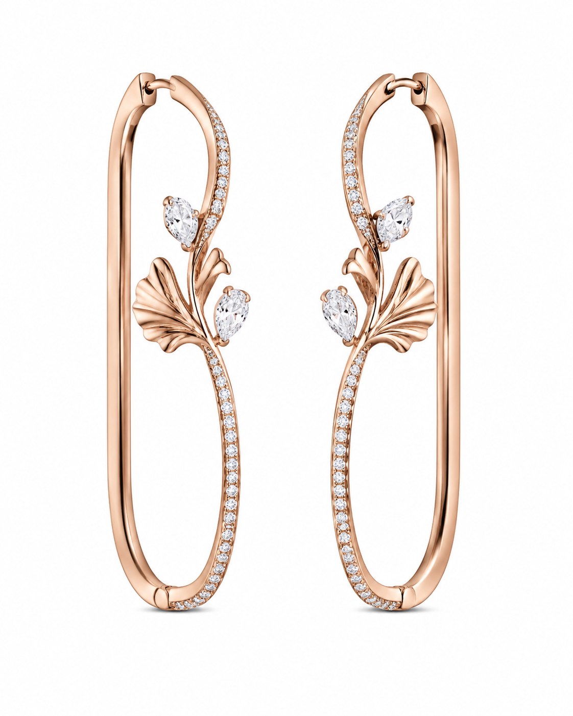 Rose gold hoop earrings with leaf motif