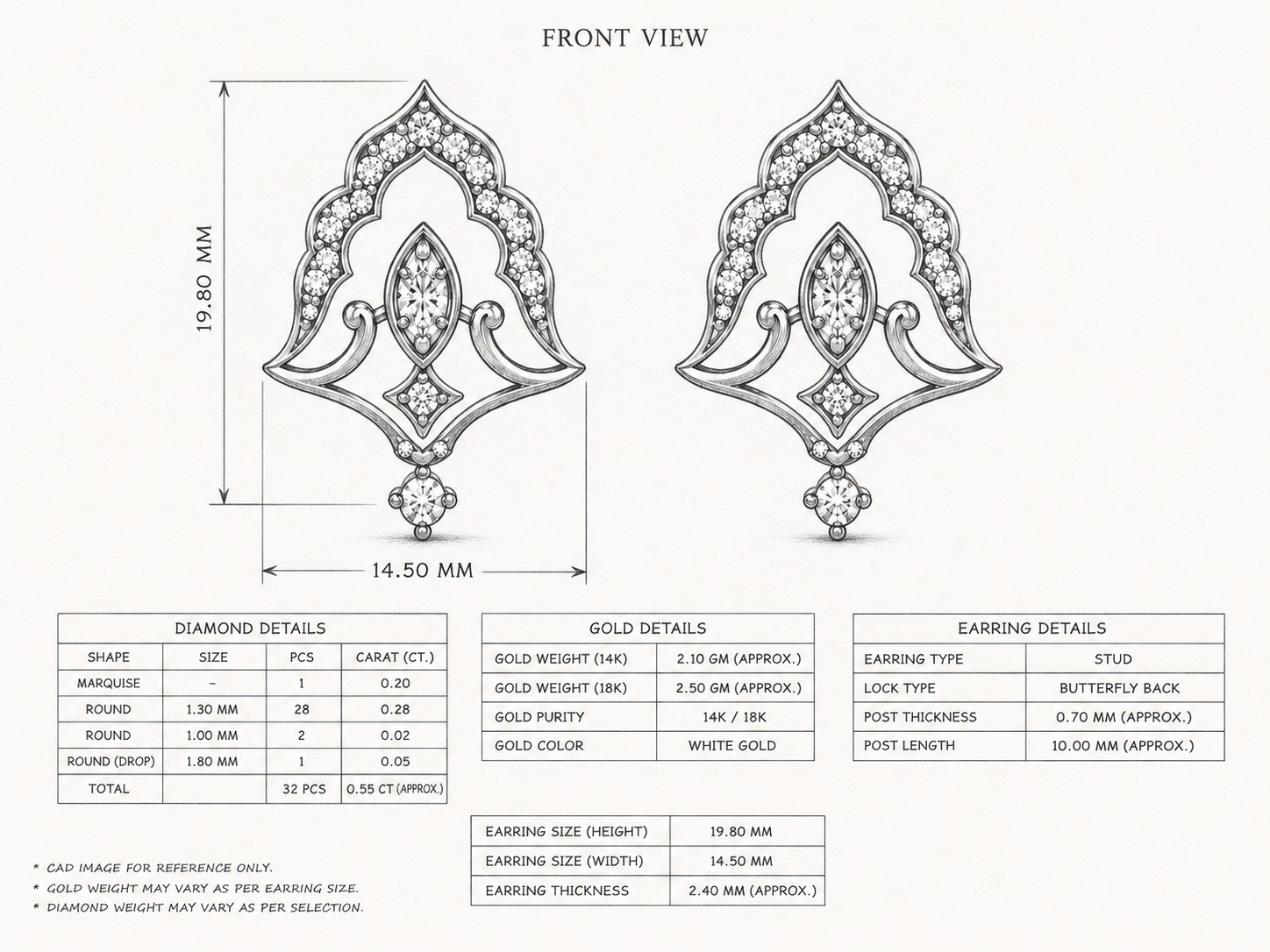 Pencil sketch technical drawing of an earring design